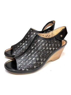 Pikolinos Black Leather Slingback Wedge Sandals | 40